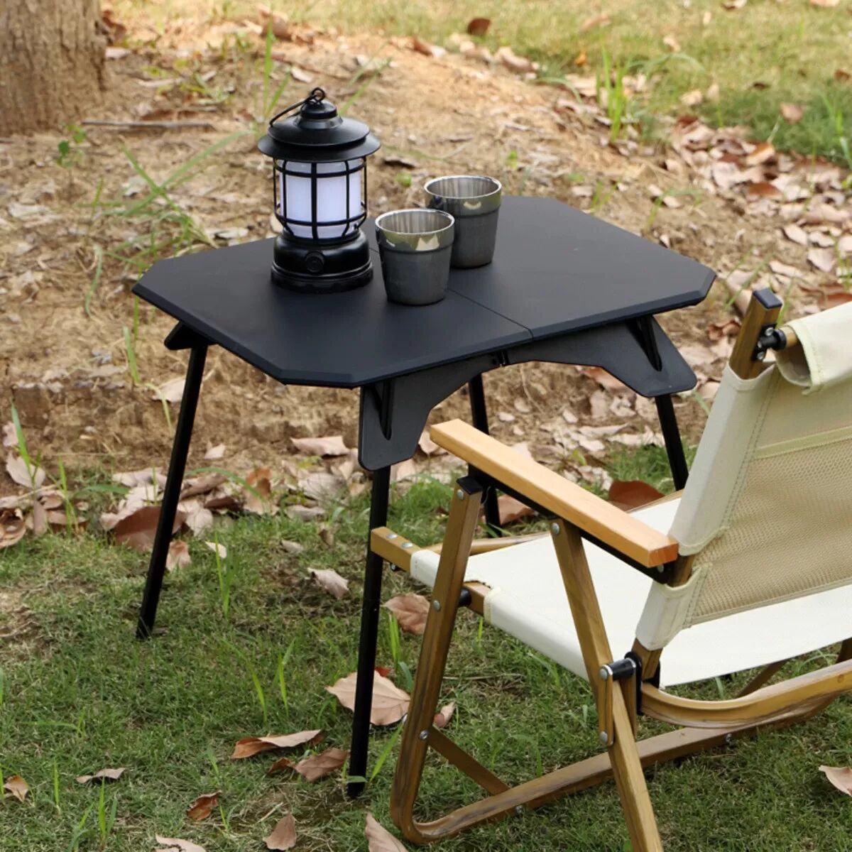 INF Tragbarer Outdoor-Hoch-Tief-Klapptisch mit Aluminiumbeinen und ABS-Platte Schwarz