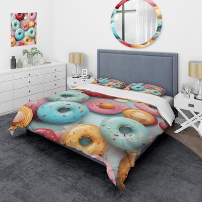 DESIGN ART "Designart ""Pink and blue Doughnut Kithchen Pattern 2"" Food Donuts Bedding Cover Set - Traditional Bed Set with Shams"