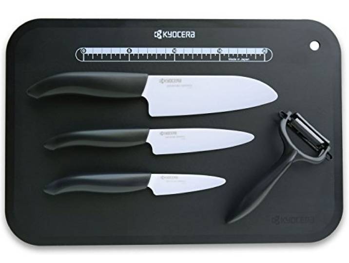 Kyocera Keramikmesser Set- 3 Messer Griff schwarz + Keramikschäler + Schneidunterlage Fb. schwarz