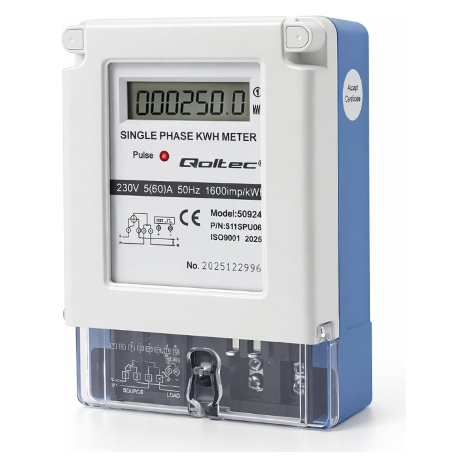 Qoltec Jednofazowy elektroniczny licznik prądu | miernik zużycia energii | 230V | 5(60)A | LCD (50924)