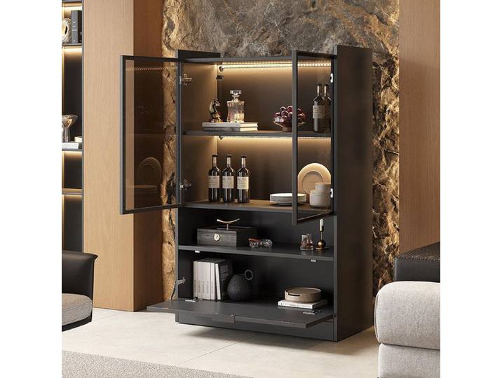 Vitrine salon Noir LED mat hauteur 120 cm vitrine en verre vitrine sur pied avec éclairage panneau de particules