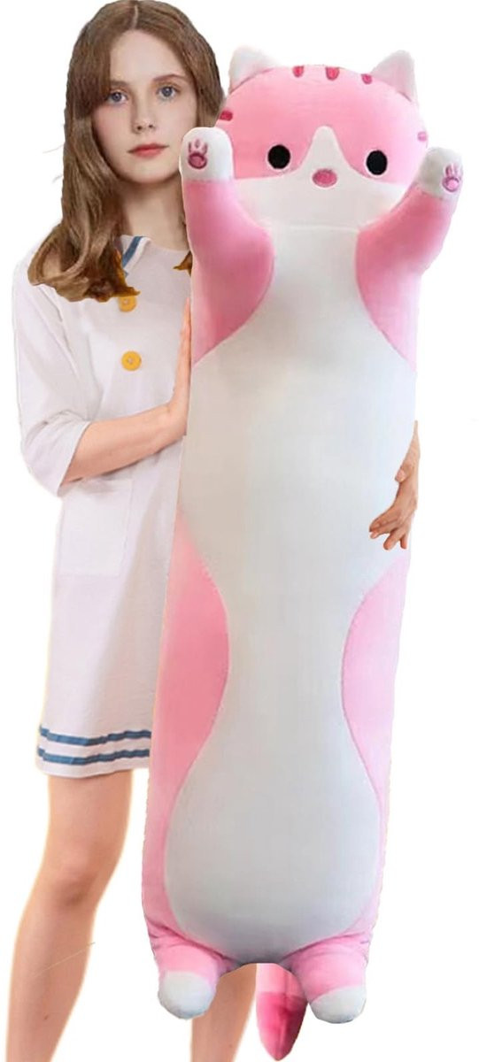 Omgoods Lange Kat Pluche Kussen 110cm - Zacht Knuffeldier Slaapkussen - Roze