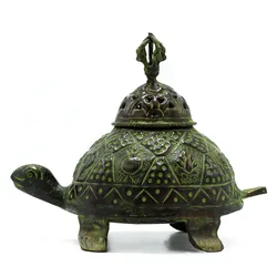 Brass Verdigris Tibetan Turtle Incense Holder - Lrg