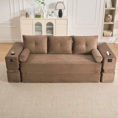 HOMEFUN Corduroy Upholstered 2-3 Seats Thick Back Support Convertible Sofa Bed With Minimalist Design