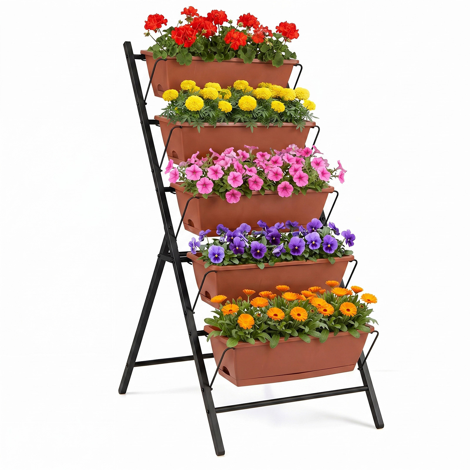 Costway 5-traps Verticale Verhoogde Plantenbed met 5 Uitneembare Bloembakken en Drainagegaten Rood