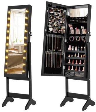 Costway Mirror Jewelry Cabinet with 20 Warm Lights and 4 Tilt Angles-Black