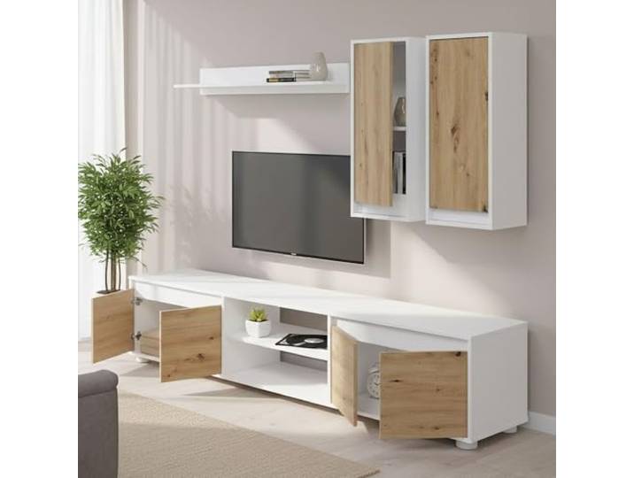 Dmora - Wohnwand Wells, Wohnzimmerset, Mehrzweck-Wohnzimmermöbel, Komposition für modernes Wohnzimmer, 200x40h114 cm, Weiß und Eiche