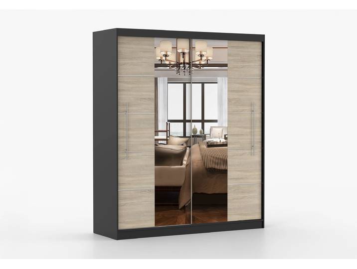 Schwebetürenschrank TORINO III 203 cm Schwarz Sonoma Eiche + Spiegel Ohne LED-Beleuchtung