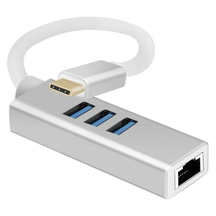 Helos HUB, USB 3.1 Type-CSt./3x USB + RJ45 Gigabit Ethernet, PREMIUM 4K, silber USB Type-C HUB mit USB (USB-C, 4 Ports) (288390)
