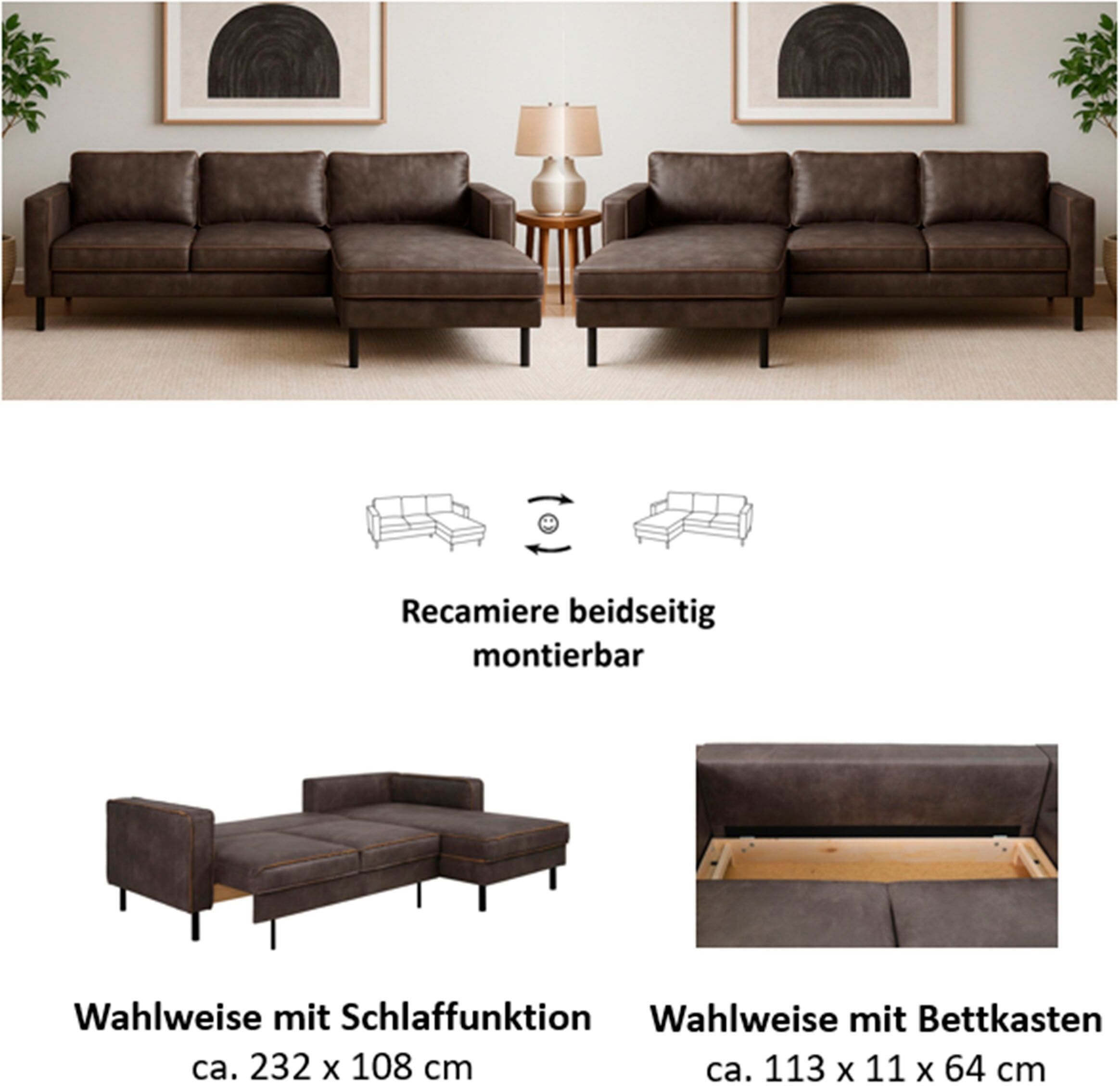 Ecksofa HOME AFFAIRE "Watkins, wahlweise mit Schlaffunktion/Bettkasten, moderne offene Naht", grau (dunkelgrau), B:232cm H:81cm T:161cm, 50% Leder, 40% Polyester, 10% Polyamid;Backing 60% Leder, Sofas, Ecksofa, Recamiere beidseitig montierbar, L-Form, Bre