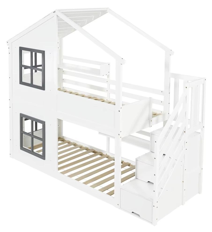 Kinderbett im Hausdesign - Etagenbett - 90 x 200 cm - Massivholz/MDF - 3-stufige Stauraumtreppe - Rausfallschutz - Weißgrau - Ohne Matratze