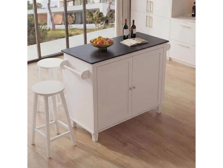 Mendler Kücheninsel HWC-P61 mit 2 Sitzhockern - weiß, Marmor-Optik schwarz Küchenschrank, Schublade, Staufächer, MDF, 90x120x45cm
