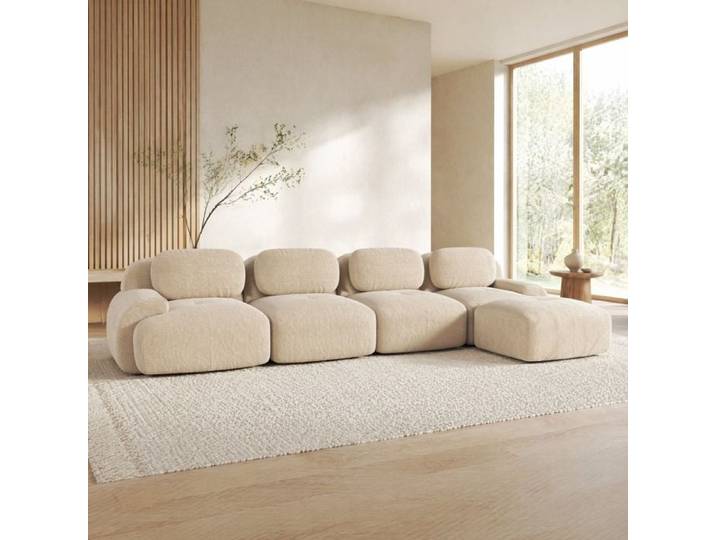 Canapé d'Angle 4 Places Modulable Velours Côtelé 32D - TCQPZ - Sans Cadre avec Méridienne Beige 388 × 178 × 70 cm