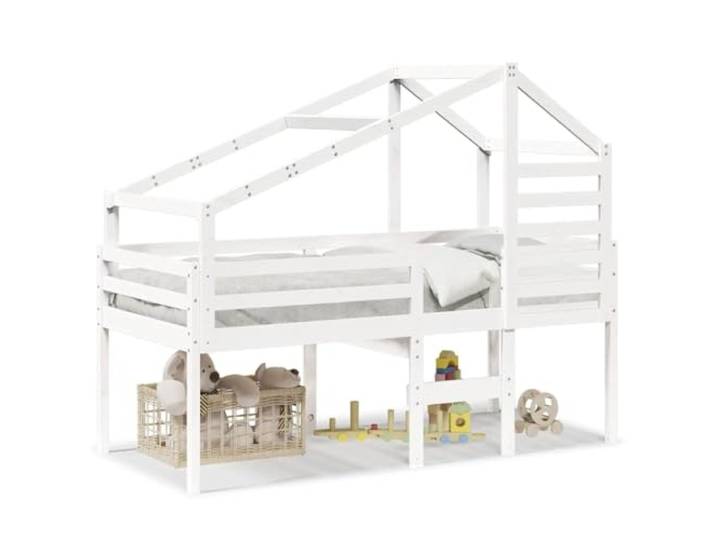 PUGYNBK Hochbett mit Massivholzdach Kiefer Weiß, 90 x 190 cm Mit Treppe und Geländern, Seitentür, ideal für kleine Räume, Latten im Lieferumfang enthalten