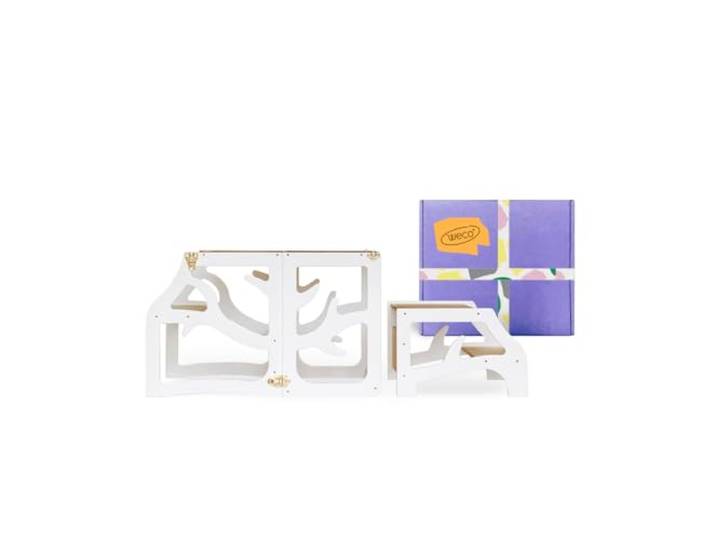 WECO 3-in-1 Kinder Lernturm mit Tisch & Tritthocker, Faltbarer Montessori Küchenhelfer aus Birkenholz, Sicherer Lernturm für Kinder mit Sicherheitsverschluss, 88 cm (Weiß)