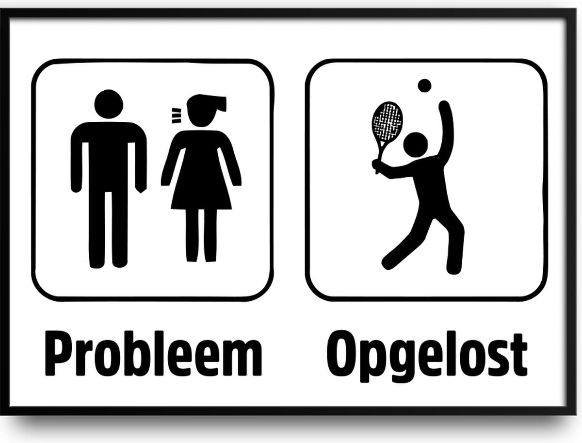 Grappige poster Probleem opgelost met glazen fotolijst en ophangsysteem