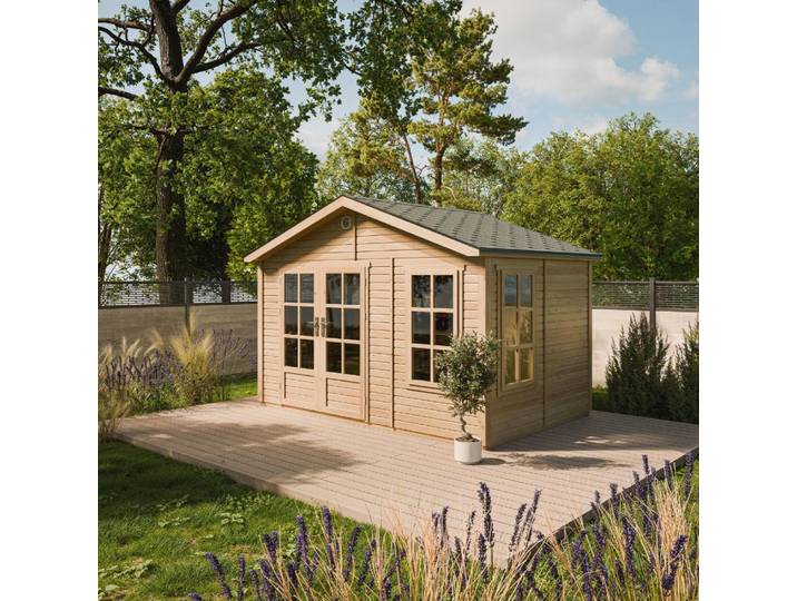 TIMBELA M734A Gartenhaus Holz 370 x 240 cm, Gerätehaus aus Holz mit 2 Fenstern aus gehärtetem Glas, Doppeltüren, Gartenhütte mit Bitumenschindeln, Holz Geräteschuppen ohne Boden