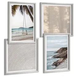 BILDER SET 4er Set - 50x50 cm & 40x60 cm Silberner Rahmen - Sommerlicher Sandstrand mit Meerblick