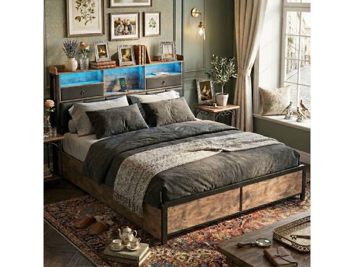 Lit Double 140x190cm - 4 Tiroirs Tissu - Style Industriel - Métal Noir & MDF