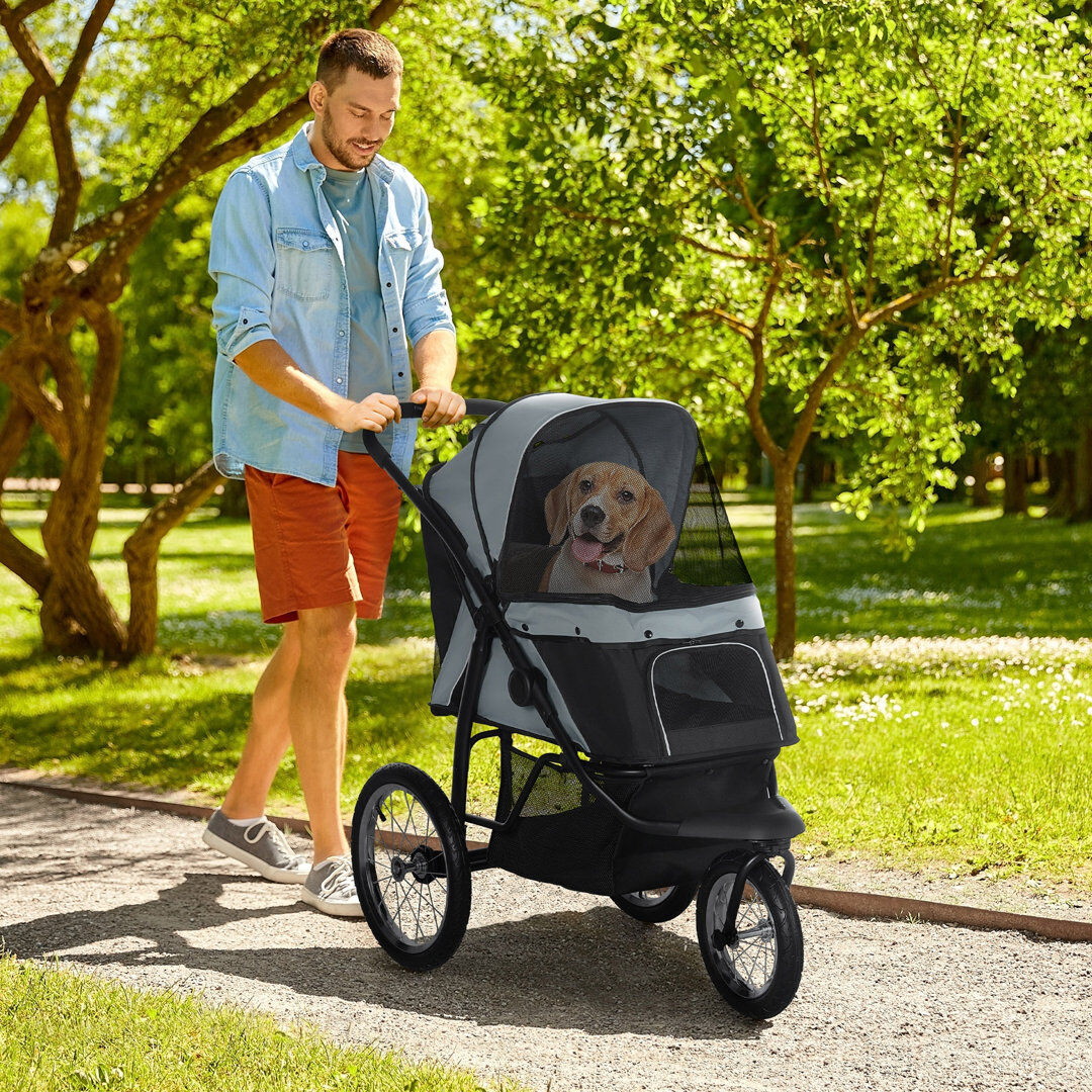 PawHut 3 Wheel Pet Stroller for Medium Small Dogs Foldable Cat Pram - Grey Grey;Black 271.78cm H X 147.32cm W X 281.94cm D