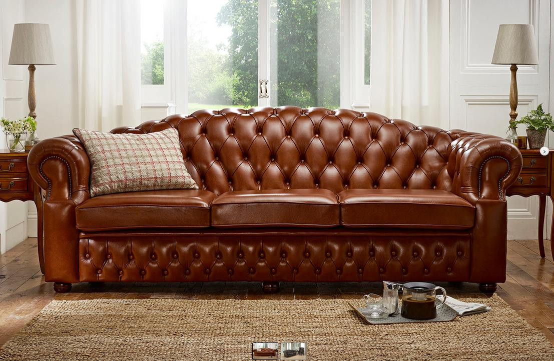 Designer Chesterfield Sofagarnitur van Leder in Bruin, 4-Zits XXL Couch