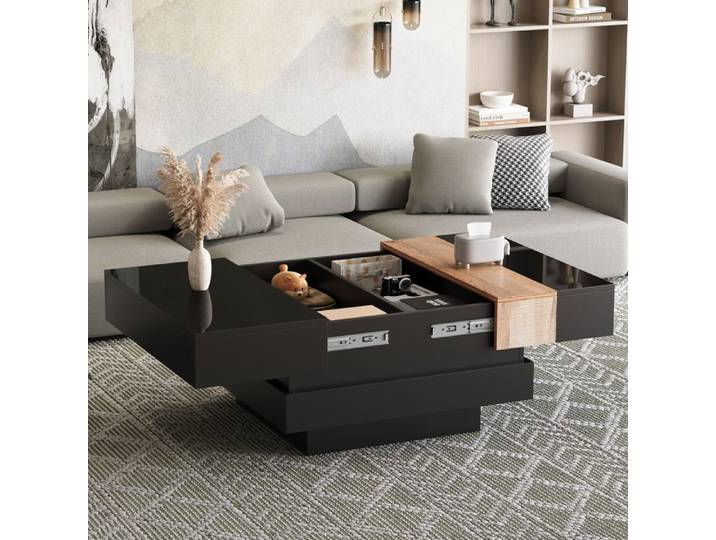 Table basse carrée pour salon avec plateau extensible table d'appoint brillante avec rangement dissimulés design color block noir