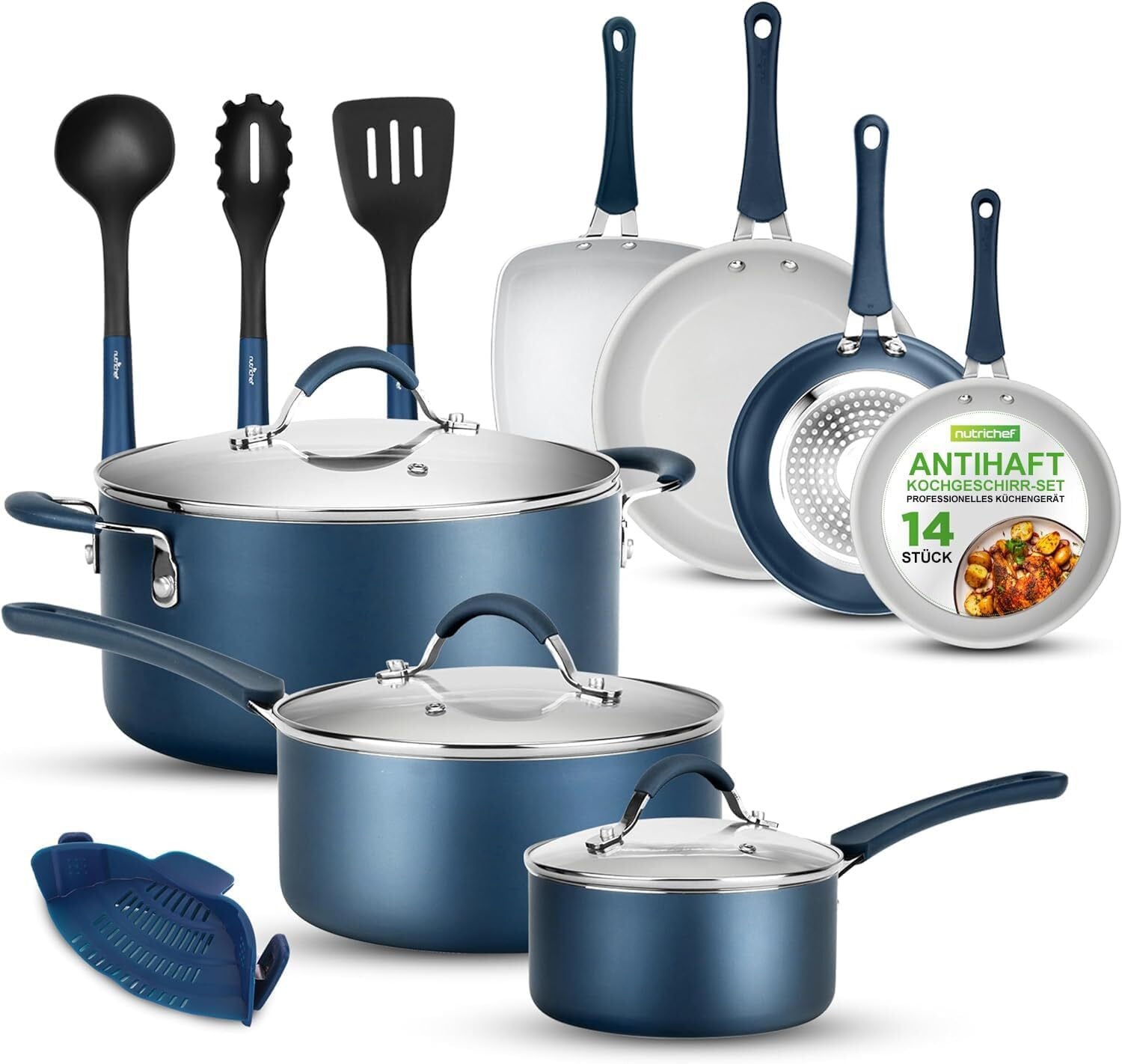 NutriChef Inductiekookpannenset, 14-delig, marineblauw, met deksels en accessoires, geschikt voor alle kookplaten
