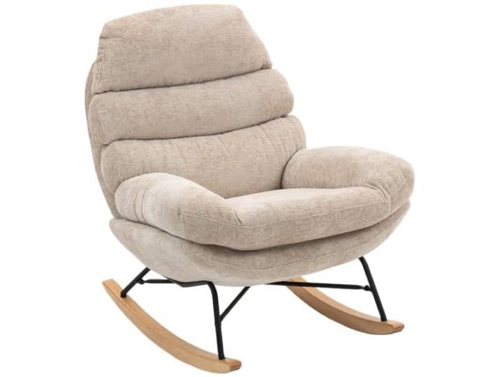 HOMCOM Schaukelstuhl mit Rückenlehne, Holzkufen, Gepolstert, Cremeweiß Schaukelsessel, Schneidersitz Sessel, Relaxsessel mit Chenille-Optik, Schwingsessel, Lesesessel für Wohnzimmer