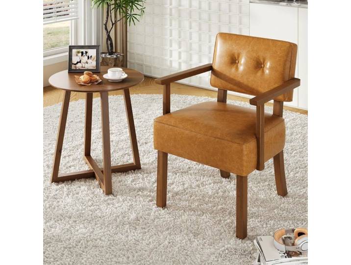AFF FAUTEUIL-Fauteuil d'appoint mid-century en similicuir simili-cuir cadre bois massif à accoudoirs Bois hêtre massif marron