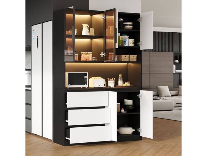 VUENOR buffet de cuisine 120 5x40x180 cm blanc et noir – LED réglable 3 tiroirs