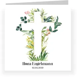 Einladungskarte Trauerfeier: Blumenkreuz in Weiß