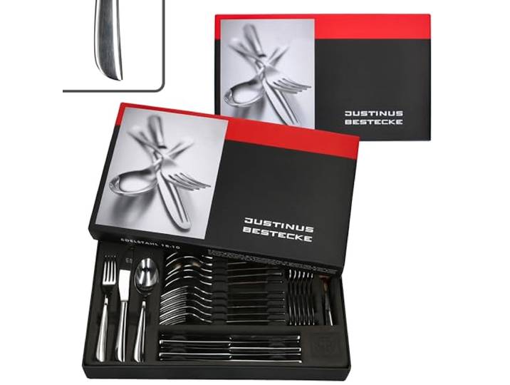 Justinus Twist 60tlg Komplett-Besteck-Set I für 12 Personen I mit geschwungenem Griff I aus rostfreiem poliertem 18/10 Edelstahl & Klingenstahl I Gabel, Messer & Löffel I für Gastro & Zuhause