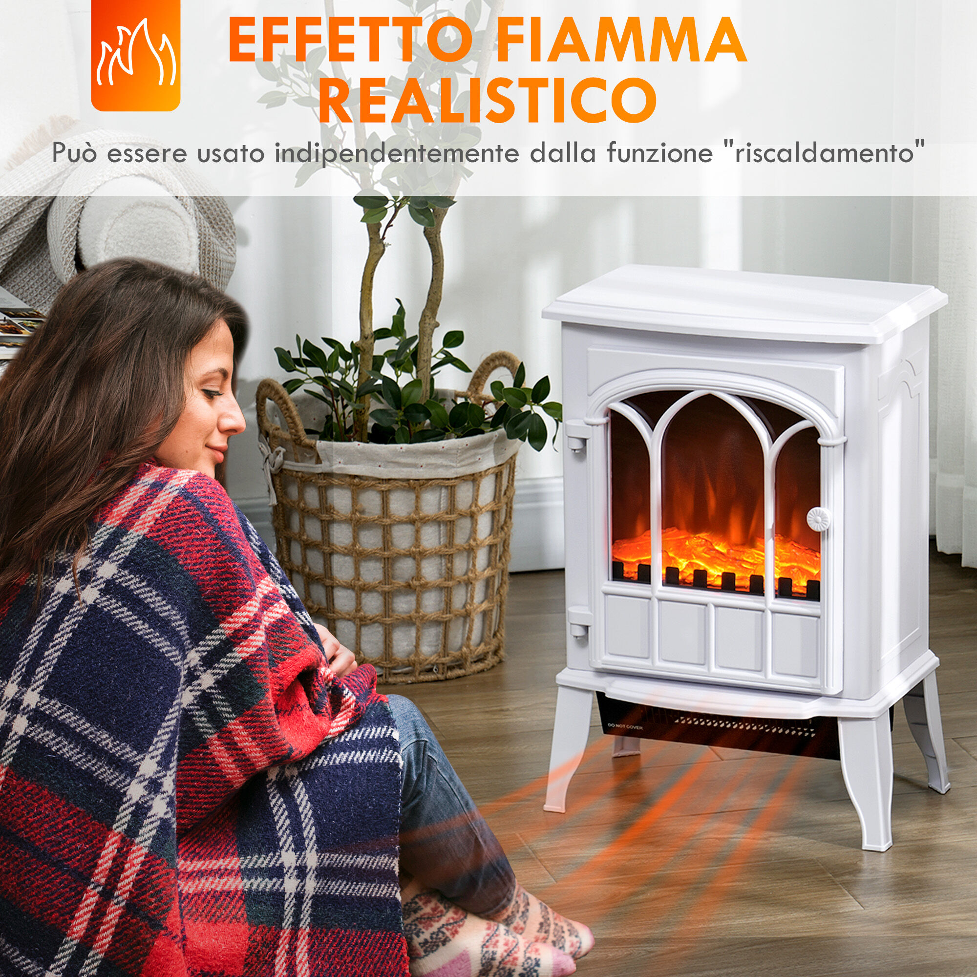 Altro Camino Da Terra Elettrico Potenza 1000w / 2000w Con Effetto Fiamma Regolabile, 39x23x56.5cm, Bianco