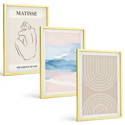 BILDER SET 3er Set - 40x60 cm Goldrahmen - Linien, Wellen, pastellfarbener Minimalismus