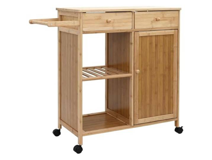 Foknhdi Küchenwagen mit Rädern, Bambus Küchentrolley, Natur, 90,5x36x86,5cm Kompakter Servierwagen aus nachhaltigem Bambus mit 2 Schrankfächern für Küche und Esszimmer. Belastbar bis 75 kg.