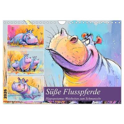 Süße Flusspferde. Hippopotamus Weisheiten zum Schmunzeln (Wandkalender 2026 DIN A4 quer), CALVENDO Monatskalender