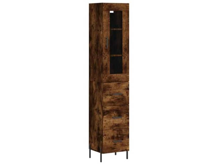 Highboard Räuchereiche Holzwerkstoff 34,5x34x180 cm Schrank Viel Stauraum, praktische Tür, stabile Metallfüße, pflegeleichte Oberfläche