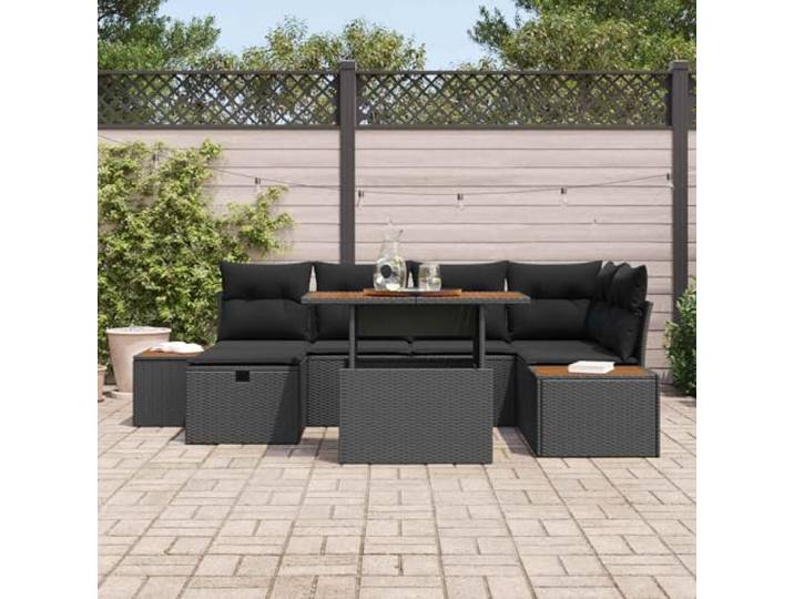 KTHLBRH Gartenmöbel-Set, 7-teilig, schwarz, Polyrattan Eckregal, Tisch inklusive, Stahl und Akazie, 6 Plätze, für Terrasse