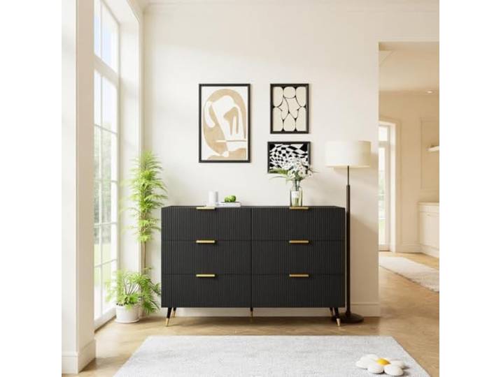 FurnitureR Schwarzer Konsolentisch, modernes Design, robuster Aufbau, 6 Schubladen