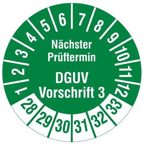 Böttcher-AG Prüfplaketten DGUV Vo3, nächster Prüftermin, 2028-2033, grün, Ø 30 mm, 1.000 Stück