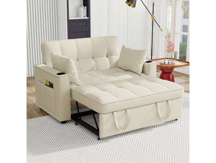 Canapé-lit convertible - Multifonction - Velours Beige - 2 places - Accoudoirs avec porte-gobelets