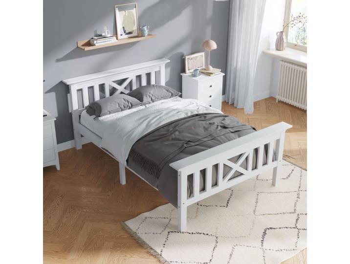 Lit en bois Lit simple de cadre de lit avec cadre d'ardoise Lit en bois avec tête - 90 x 200 cm Bois massif Blanc