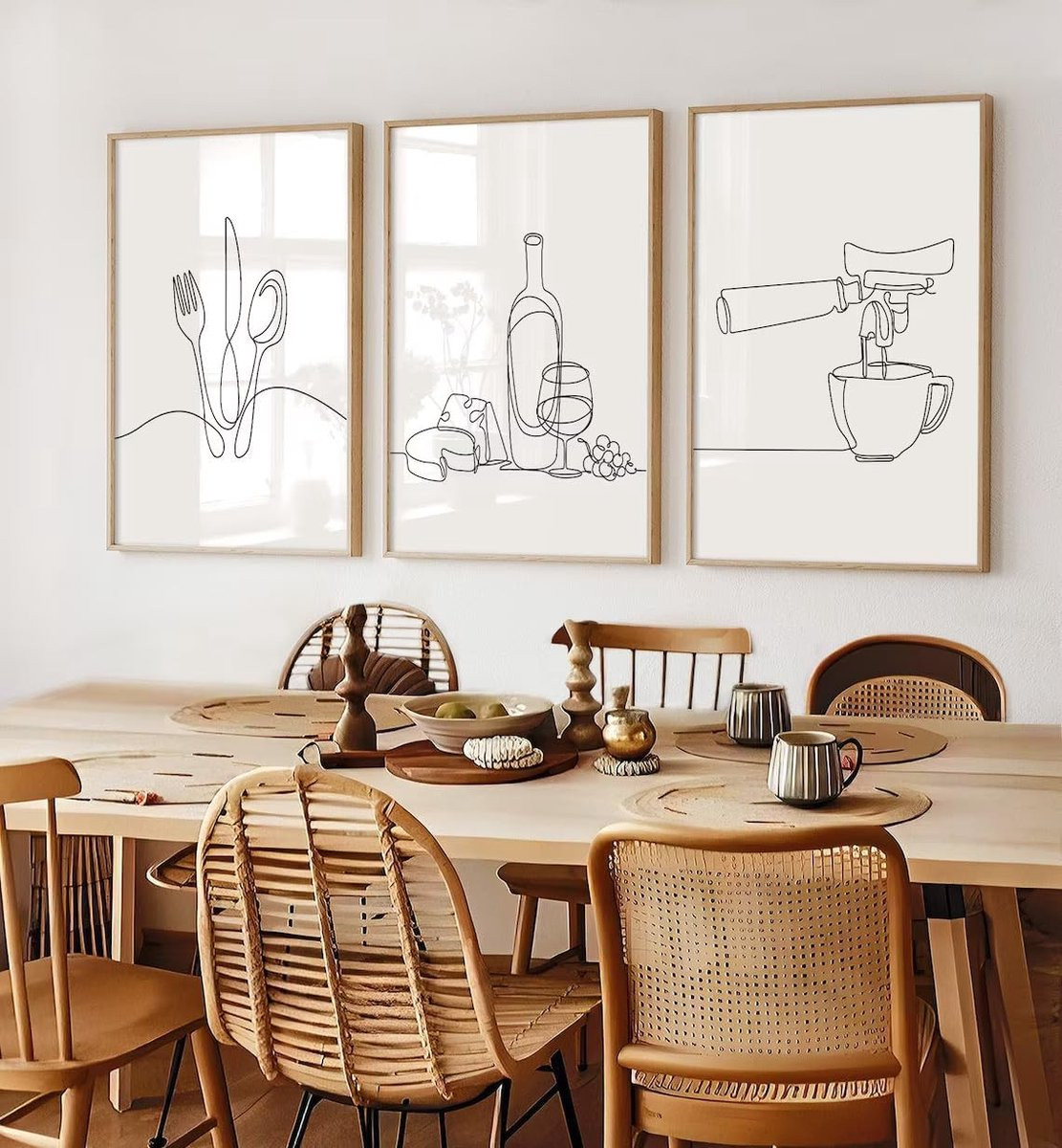 Moderne abstracte lijntekening keuken muurkunst zwart-wit canvas poster voor de eetkamer