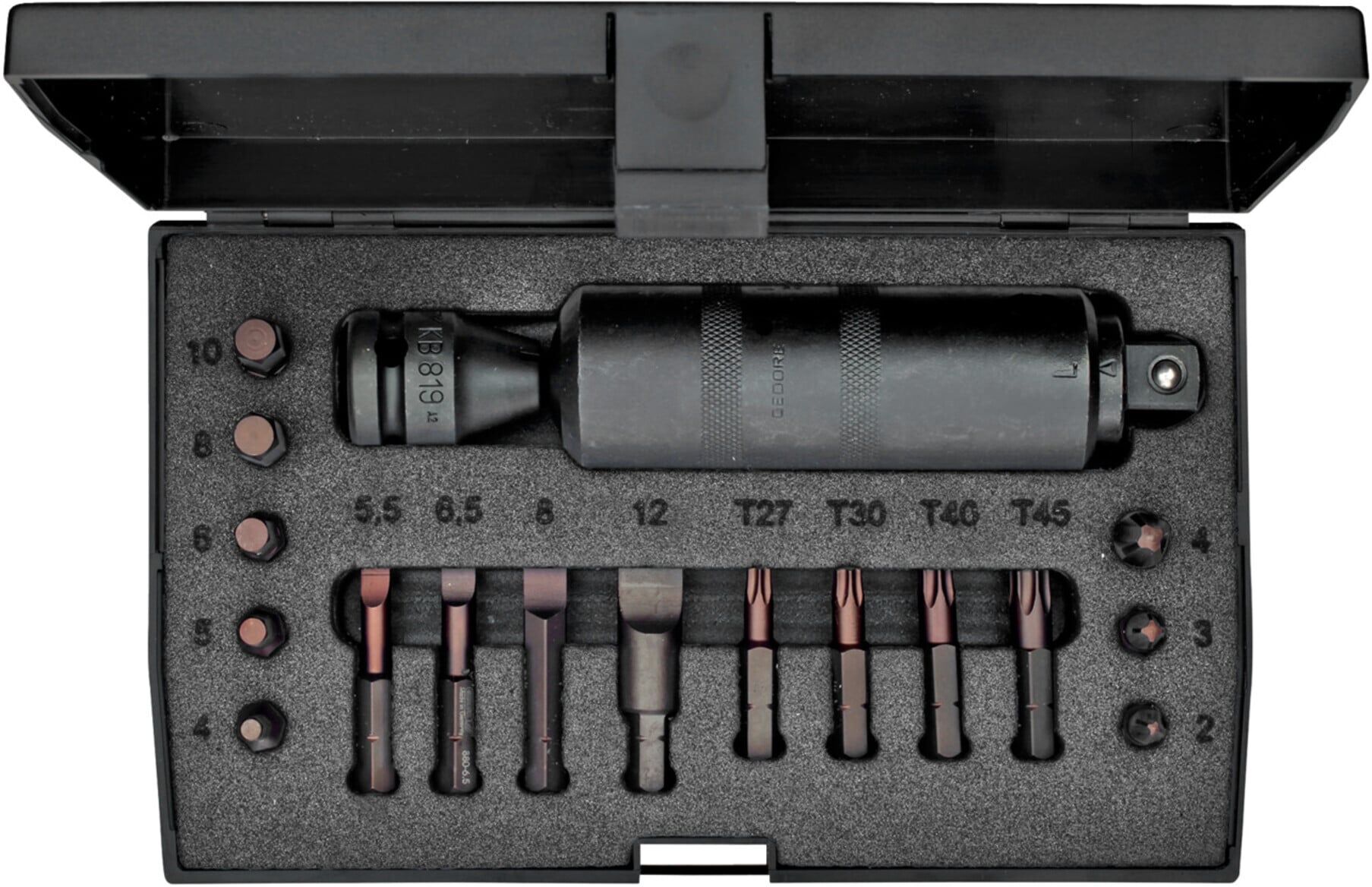 Gedore K 1900-018 Schraubenlöser-Satz mit Handschlagschrauber und Bits (18-tlg, 1/2 Antrieb, rechts und links) für festsitzende Schrauben, 6654600)