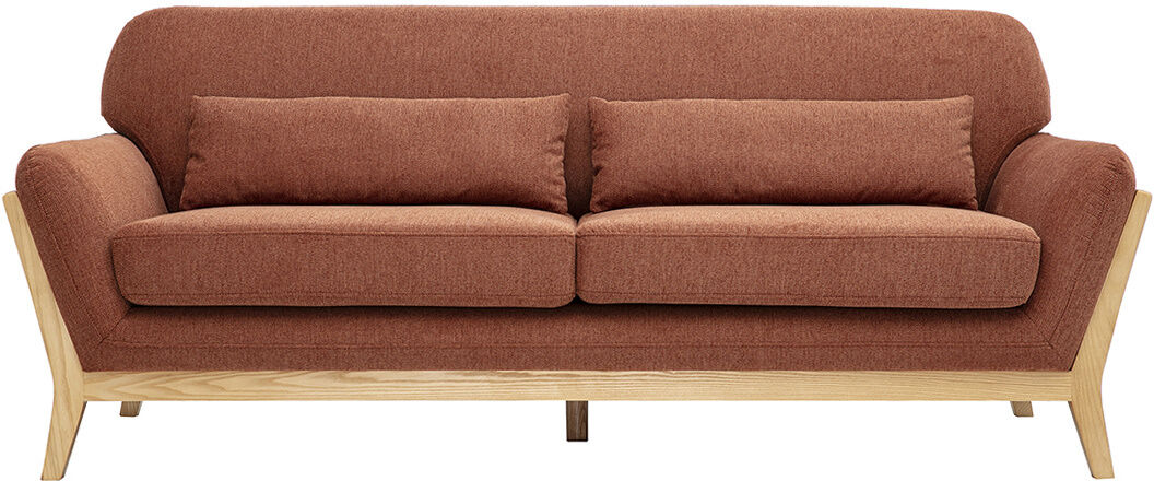 Miliboo Scandinavisches 3-Sitzer-Sofa aus Stoff mit strukturiertem Samteffekt, erdiges Rotbraun und helles Holz YOKO