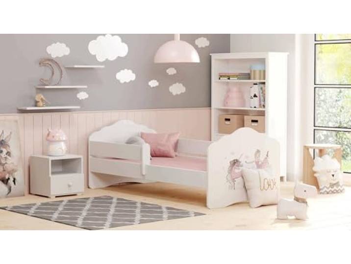 Dmora - Kinderbett Legnica, Kinderbett für Schlafzimmer, Einzelbett mit Kommoden, Struktur mit ausziehbarem Bett, 85x164 h63 cm, Weiß mit Einhorn