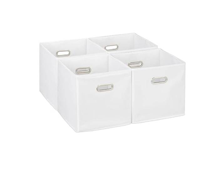 Relaxdays Lot de 4 boîtes de rangement\, caisses pliables\, HxLxP : 30x30x30 cm\, poignées\, panières pour étagère\, blanc