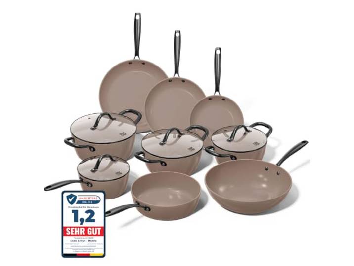 Cook&Pan Pfannenset und Topfset Induktion - PFAS & Teflon frei - 9 teilig Kochset mit [Greenshield] Antihaftbeschichtung - Keramik-Töpfe und Pfannen [Ofen- & Spühlmaschinenfest] - Taupe