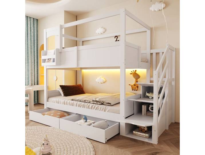 Lit Superposé Enfant 90x200 cm Blanc Style Chalet avec Rangement Tableau Créatif Échelle & Tiroirs - Cadre Lit Cabane en Bois