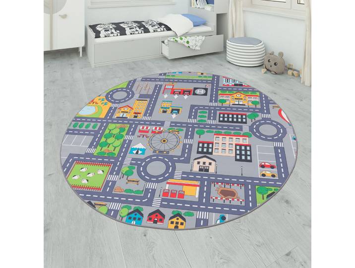 Kinderteppich PACO HOME Bino 576 , grau, H:4mm Ø:160cm, Polyester, Teppiche, Kinderteppich, Kurzflor, Strassen-Spiel-Teppich, Kinderzimmer